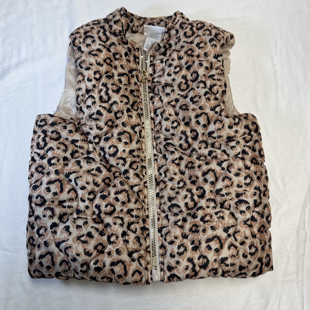 Rachel Zoe Girls Leopard Print Puffer Vest Full Zip Beige/Black/Pink 10